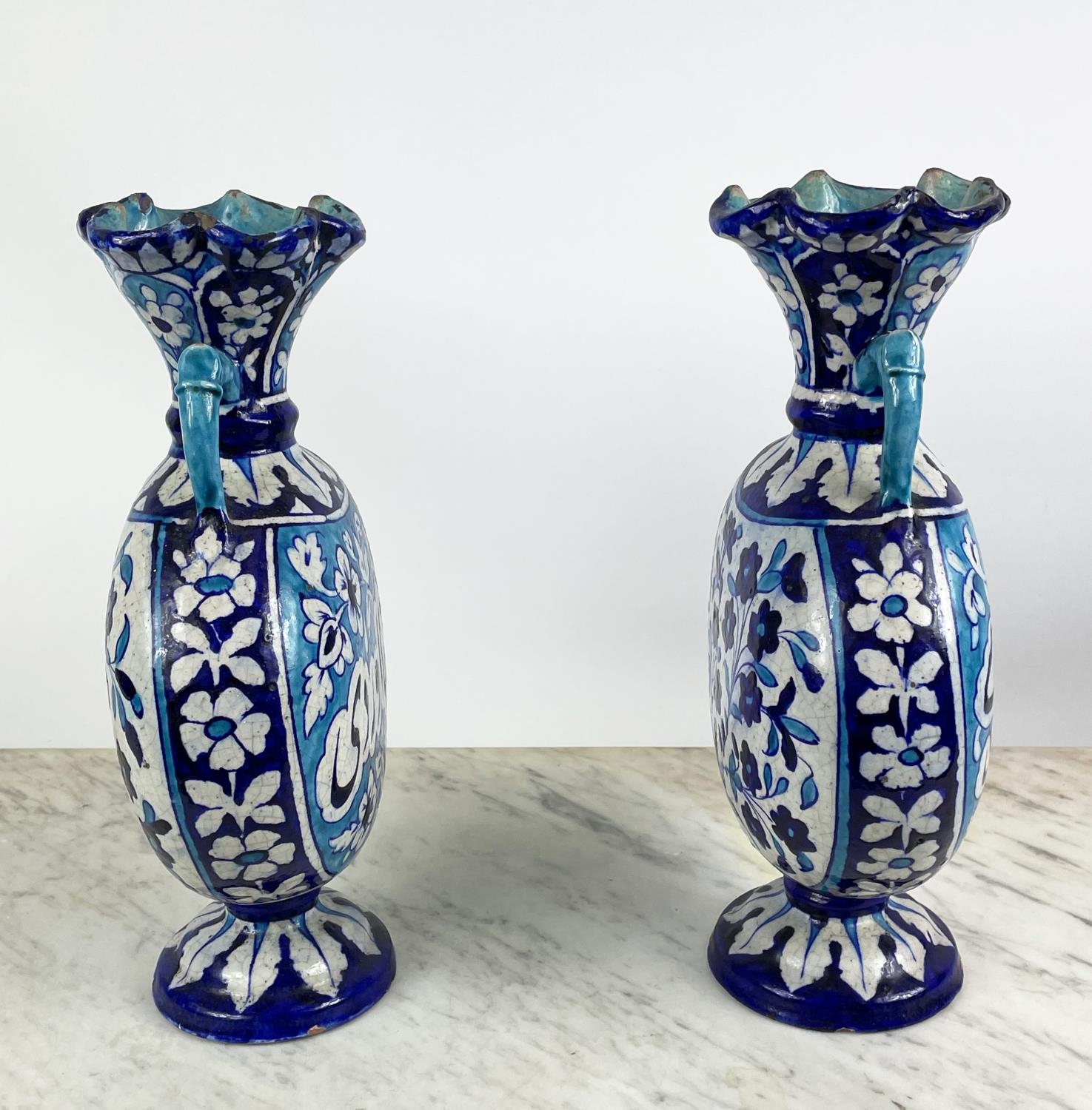 SIND POTTERY MOONFLASK VASES, a pair, 19th century decorated in blue and turquoise enamels with - Image 3 of 5