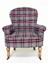 ARMCHAIR, Victorian style plaid upholstered with scroll arms, button back and turned supports,