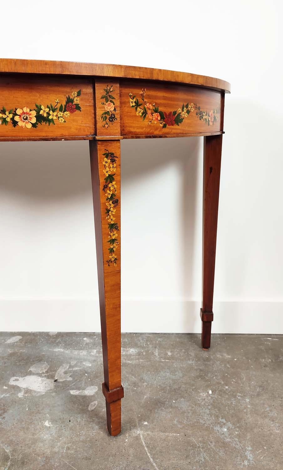 SHERATON STYLE DEMI LUNE SIDE TABLE, late 20th century satinwood and floral painted, 77cm H x - Image 4 of 11