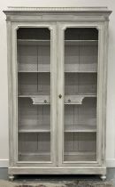 BIBLIOTHEQUE, 19th century French grey painted, two wire panel doors, enclosing shelves and two
