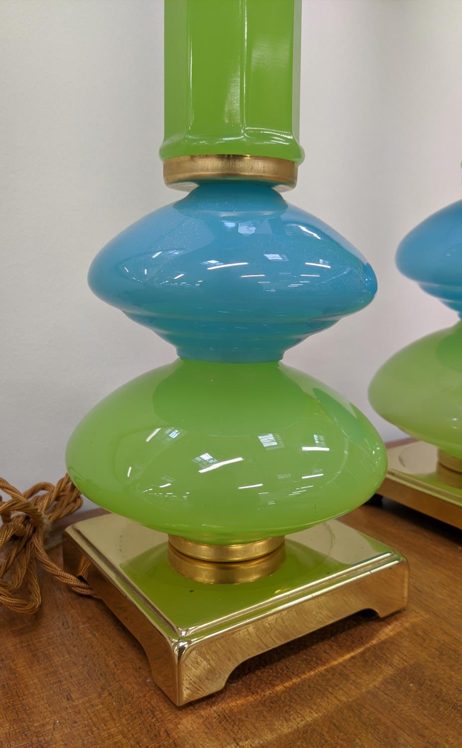 CENEDESE MURANO TABLE LAMPS, vintage blue and green opaline glass on brass bases, 56cm H. (2) - Image 3 of 4