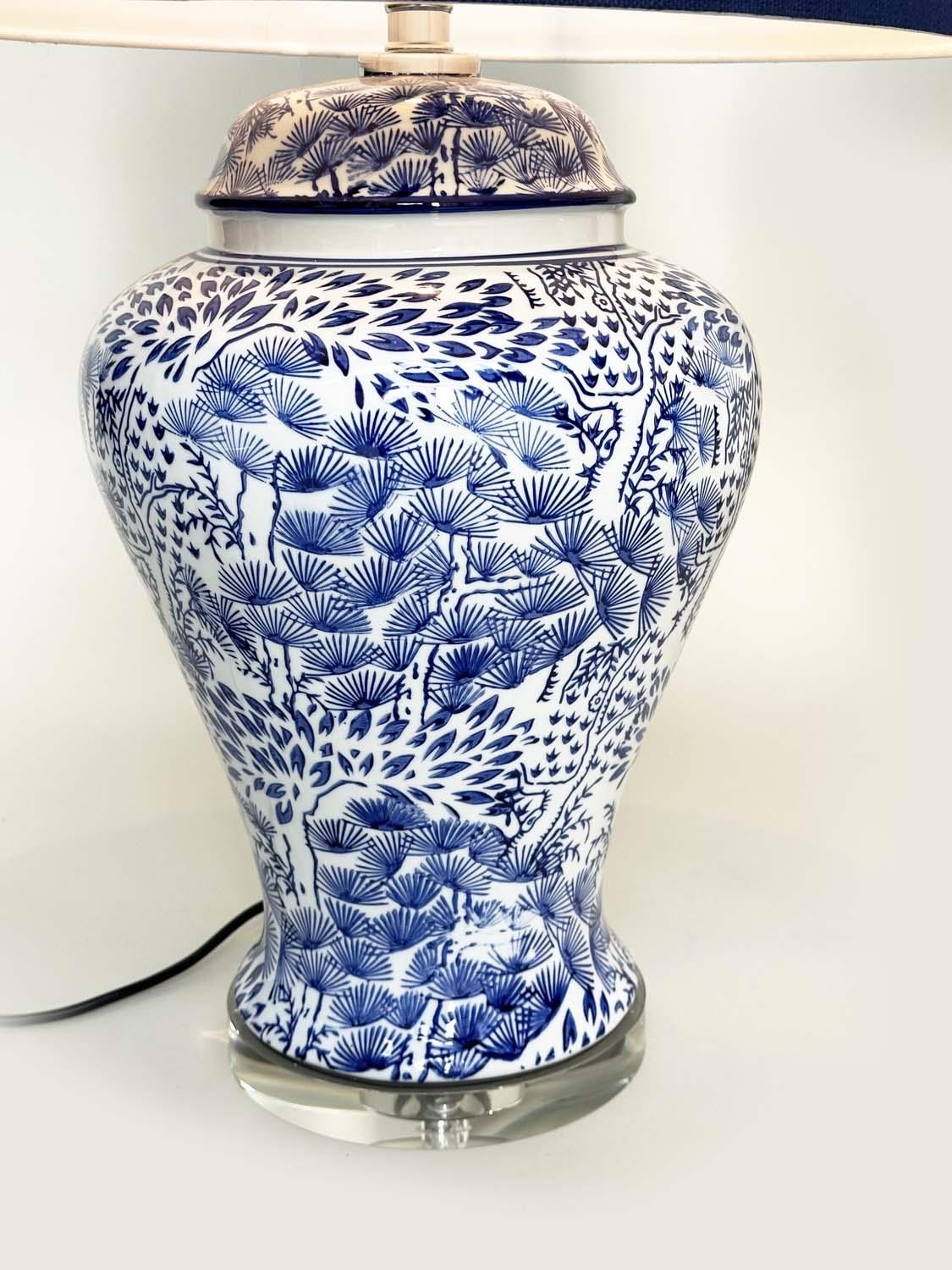 TABLE LAMPS, a pair, Chinese fern blue and white ceramic of lidded vase form with lucite bases and - Image 2 of 7