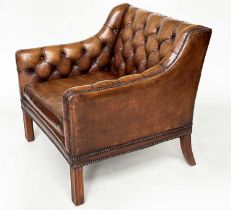 LIBRARY ARMCHAIR, 1970's style antique soft natural close nailed tan brown leather with button