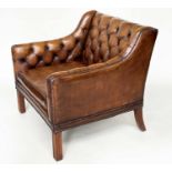 LIBRARY ARMCHAIR, 1970's style antique soft natural close nailed tan brown leather with button