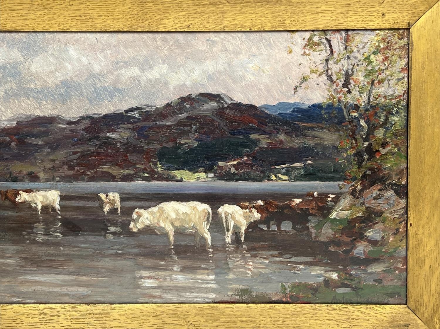 ANDREW DOUGLAS (British 1871-1935) 'Cattle Wandering at a Highland Loch', oil on canvas, 33cm x - Image 3 of 6