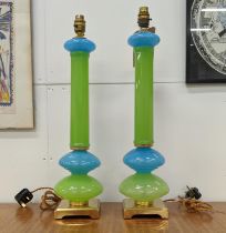 CENEDESE MURANO TABLE LAMPS, vintage blue and green opaline glass on brass bases, 56cm H. (2)