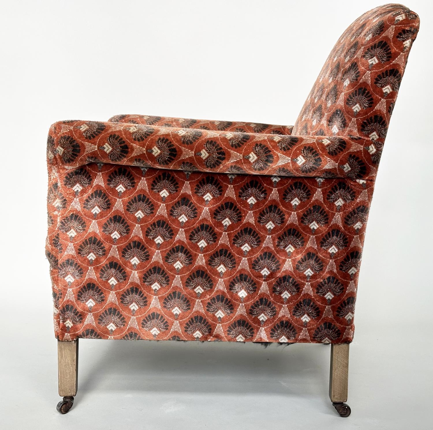 ARMCHAIR, early 20th century Art Deco style with patterned velvet upholstery and square section - Image 8 of 10