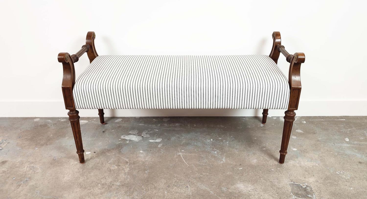 WINDOW SEAT, Louis XVI style walnut and brass mounted, with black and white ticking upholstery, 60cm