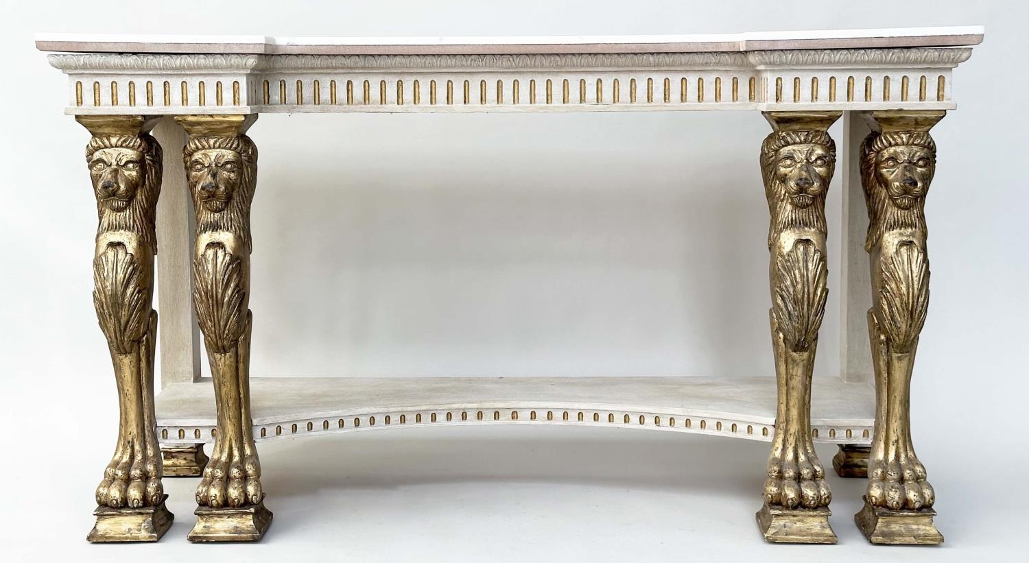 CONSOLE TABLE, Neo Classical form giltwood and gesso-moulded with inverted breakfront marble top,