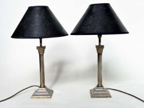 TABLE LAMPS, a pair, silvered metal with reeded Corinthian columns and stepped bases, with shades