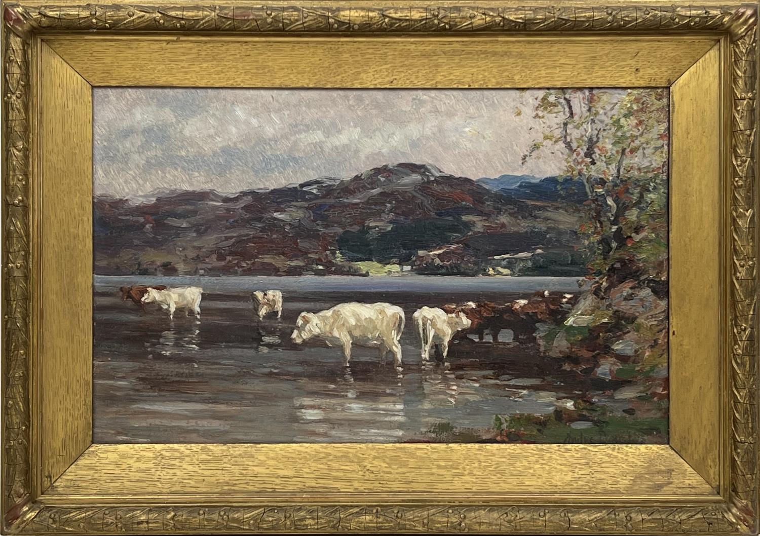 ANDREW DOUGLAS (British 1871-1935) 'Cattle Wandering at a Highland Loch', oil on canvas, 33cm x