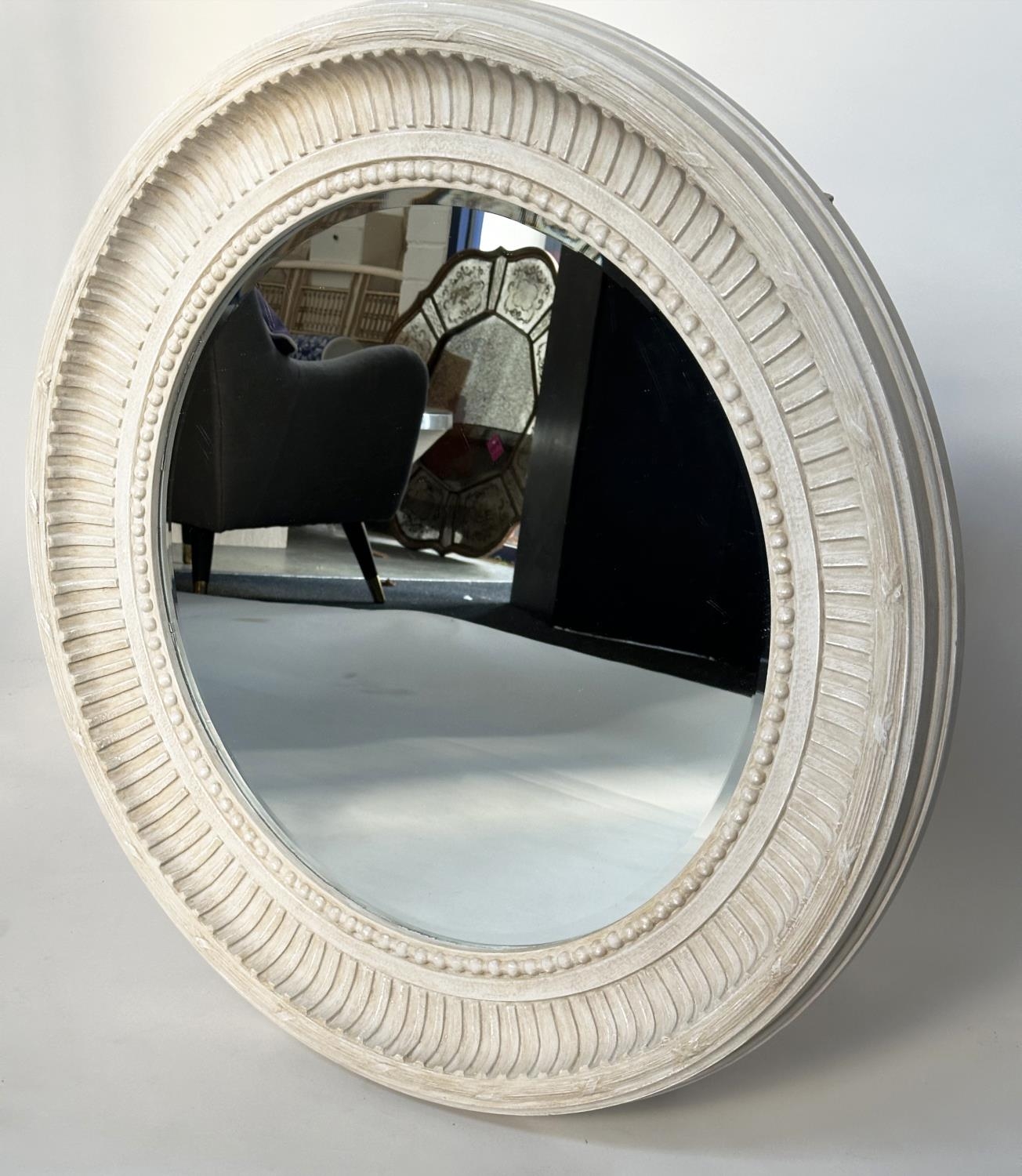 CIRCULAR WALL MIRROR, French style grey painted with fluted and beaded frame, 84cm W. - Image 2 of 2