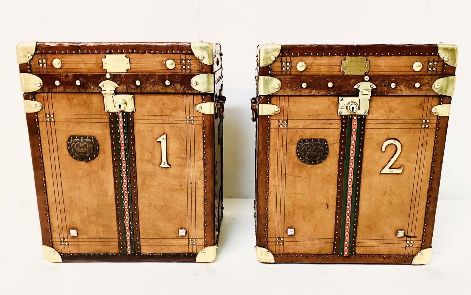 STEAMER TRUNKS, a pair, vintage style leather with gilt metal mounts and studded detail, 51cm H x - Image 4 of 6