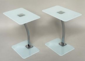 LAMP/OCCASIONAL TABLES, a pair, rectangular frosted glass with shaped chrome centre support, 48cm