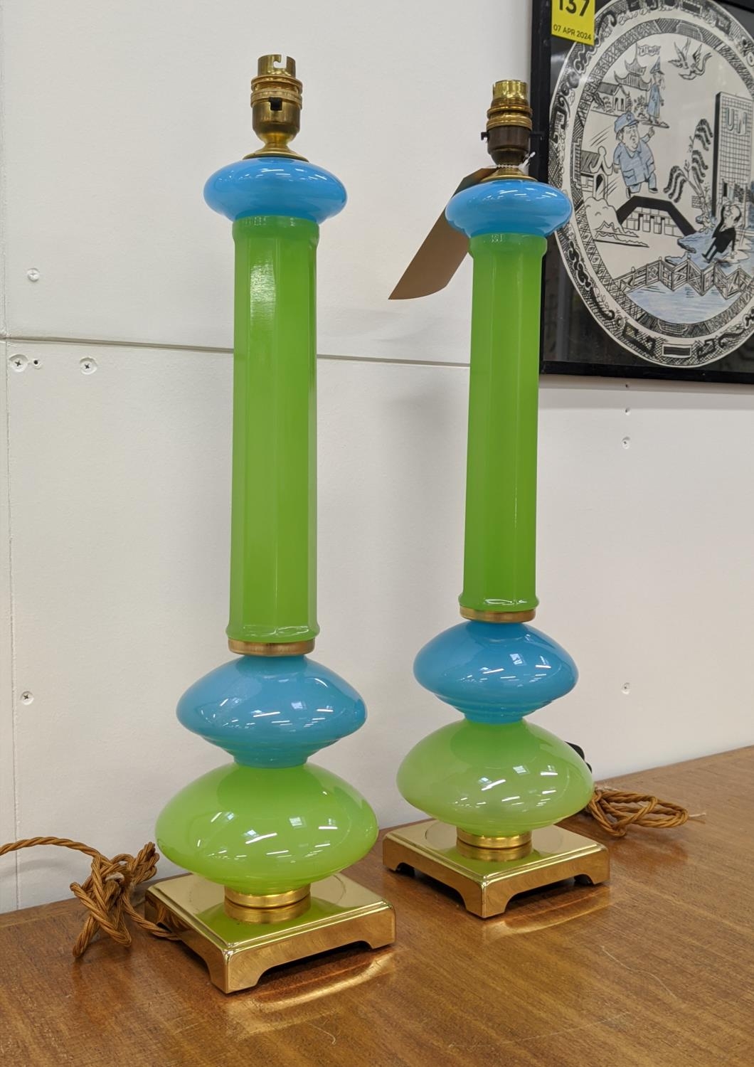 CENEDESE MURANO TABLE LAMPS, vintage blue and green opaline glass on brass bases, 56cm H. (2) - Image 2 of 4