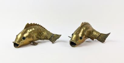 TWO CARP FISH FIGURES, solid brass, open mouthed, black cabouchon eyes, 21cm long (2)