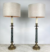 TINDLE LIGHTING COLUMN LAMPS, a pair, marble and brass with shades, 79cm H. (2)