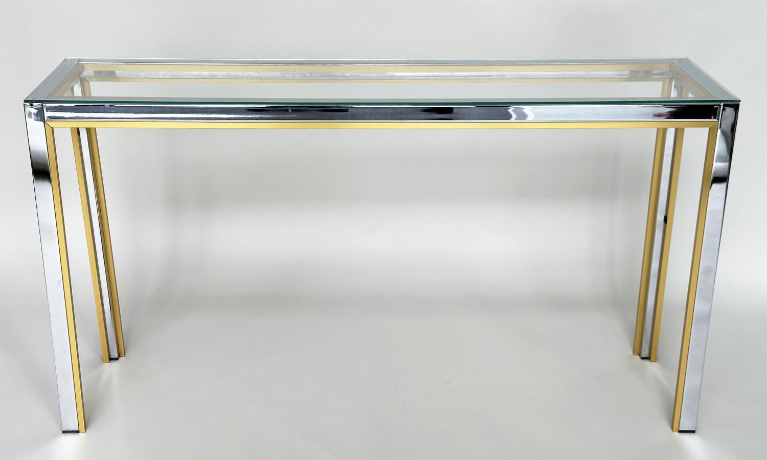 CONSOLE TABLE, 1970s Italian style brass and chrome framed rectangular plate glass, 135cm W x 72cm H