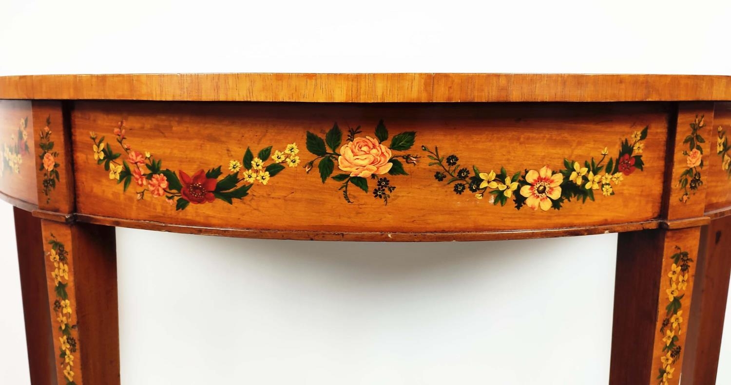 SHERATON STYLE DEMI LUNE SIDE TABLE, late 20th century satinwood and floral painted, 77cm H x - Image 5 of 11