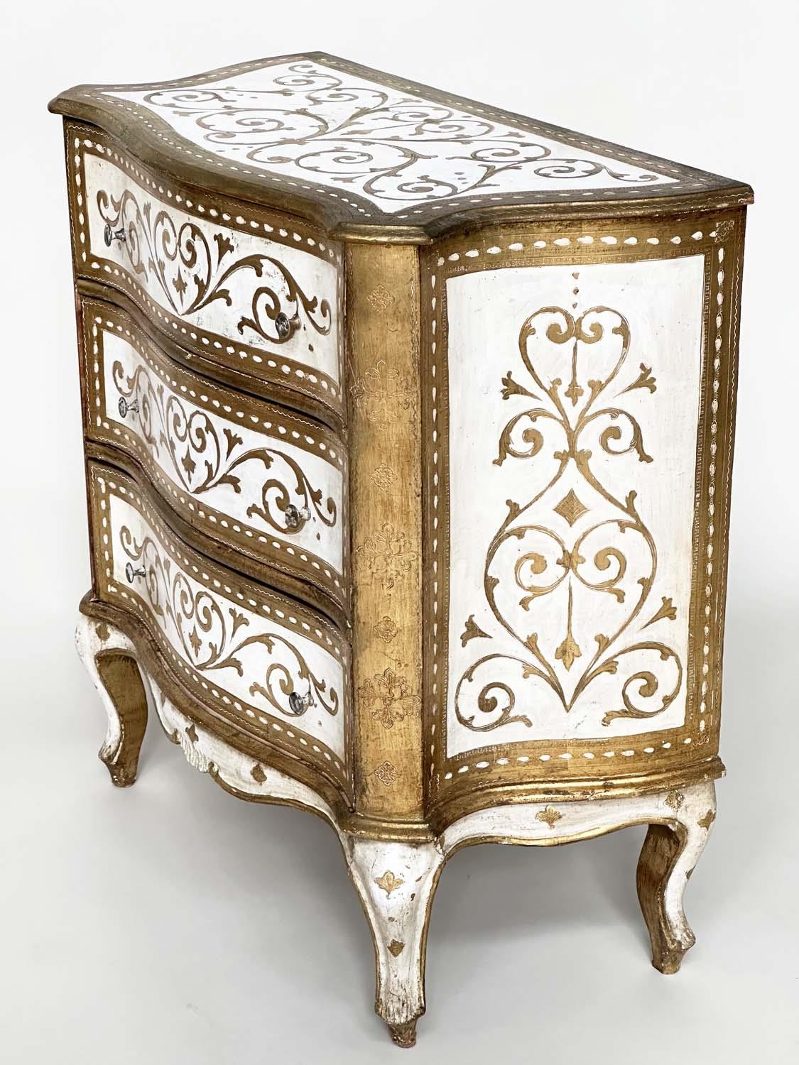 FLORENTINE COMMODE, Italian white painted and parcel gilt of serpentine form with three drawers, - Image 6 of 7