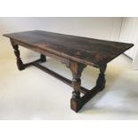 REFECTORY TABLE, 17th century style oak, planked top on stretchered supports 230cm L x 76cm H x 82cm