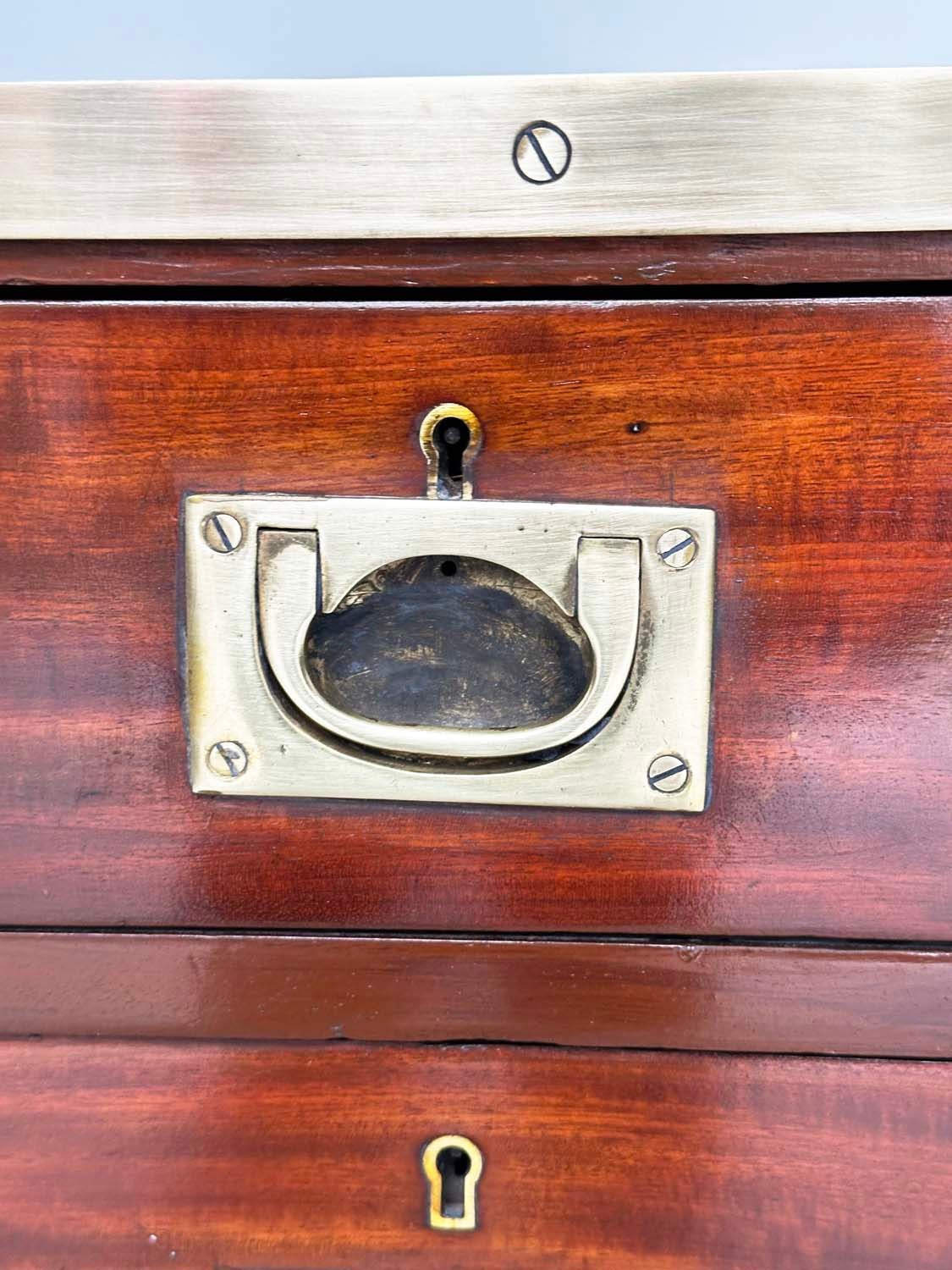 CAMPAIGN CHESTS, a pair, mahogany and brass bound each with three drawers and turned supports, - Image 5 of 10