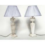 ALABASTER LAMPS, a pair, Italian alabaster each with urn surmount and facetted graduated column,