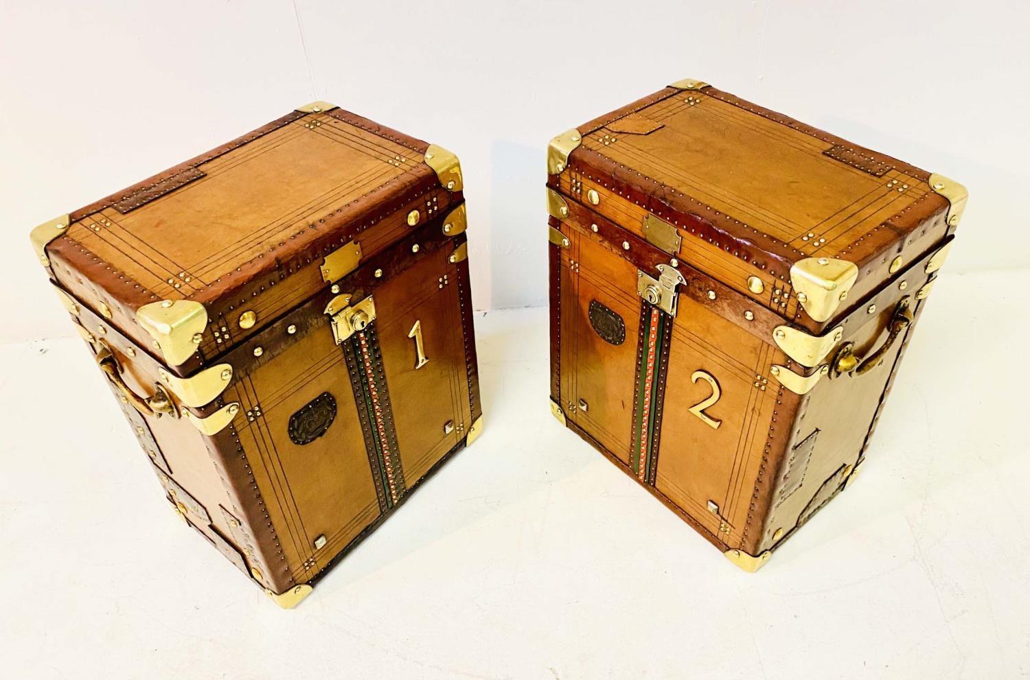 STEAMER TRUNKS, a pair, vintage style leather with gilt metal mounts and studded detail, 51cm H x - Image 3 of 6