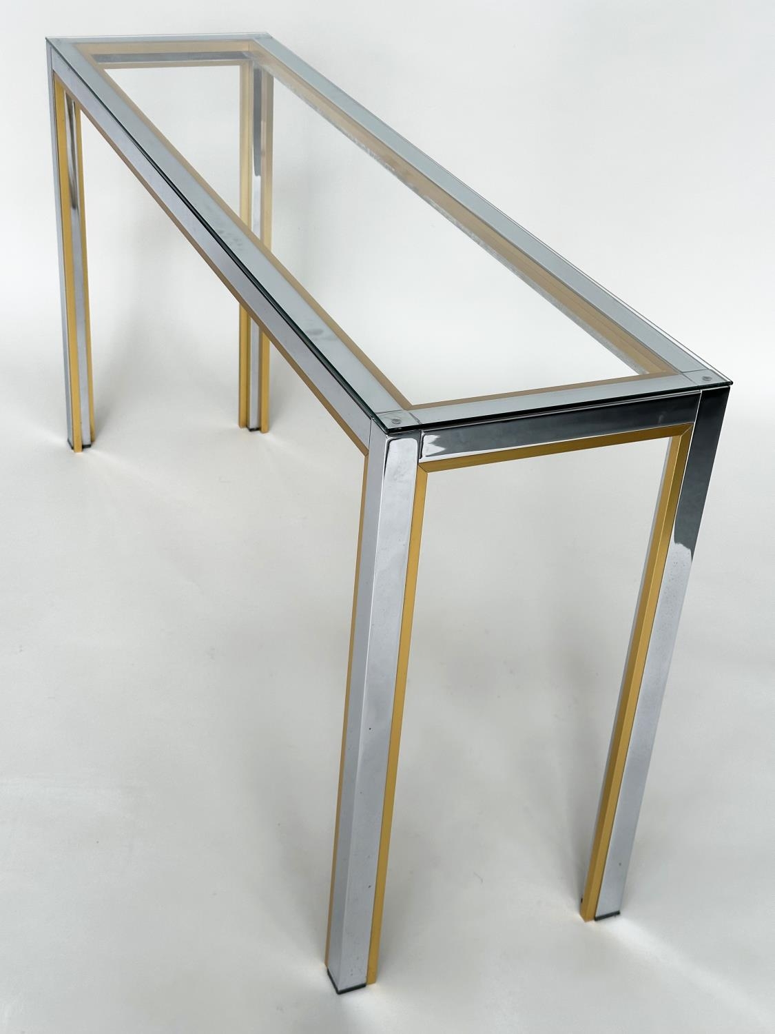 CONSOLE TABLE, 1970s Italian style brass and chrome framed rectangular plate glass, 135cm W x 72cm H - Image 7 of 8