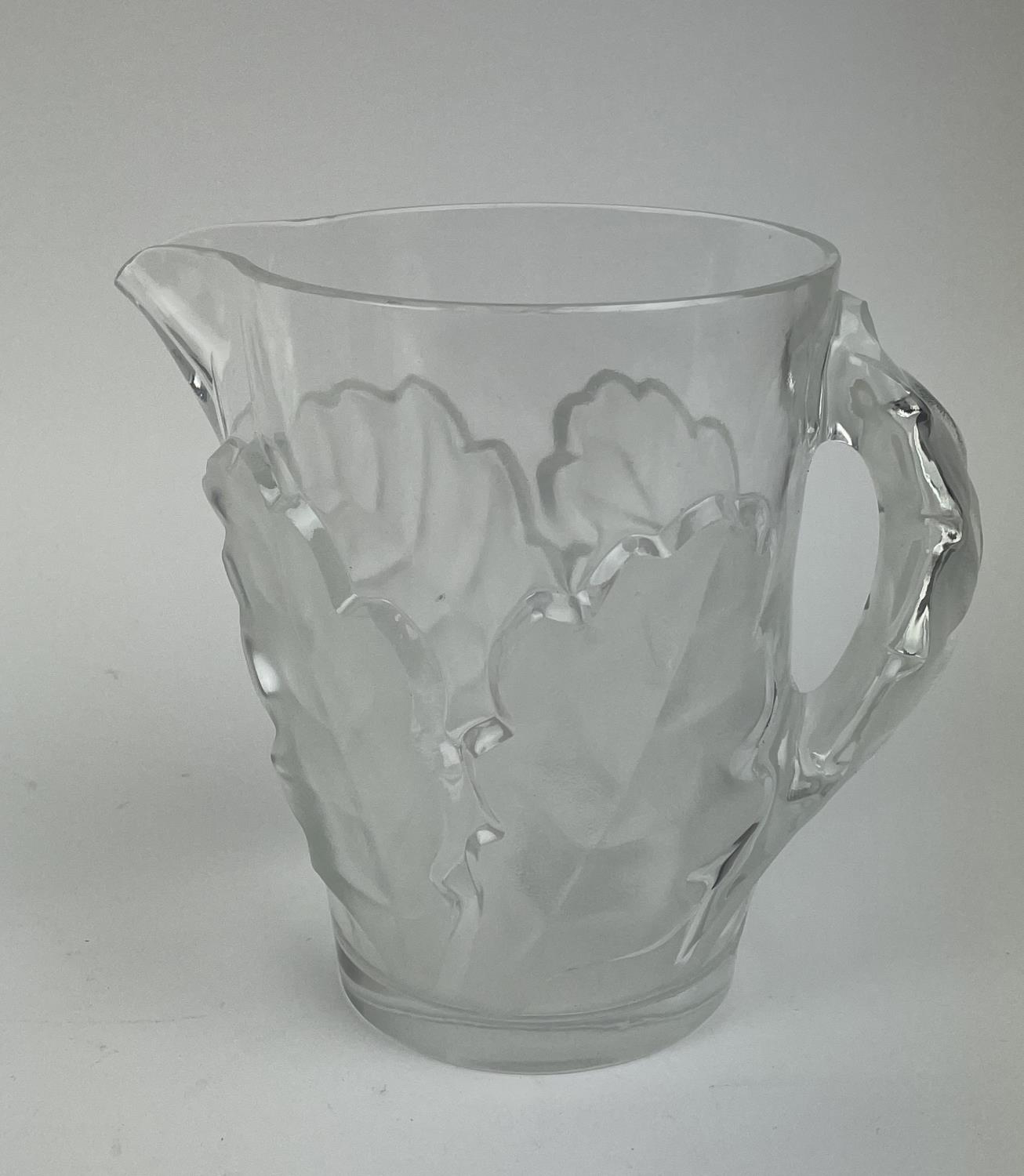 LALIQUE WATER PITCHER, frosted chene oak leaf design with twelve glasses. (13) - Image 7 of 14