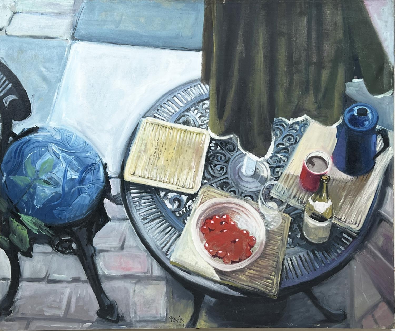 DAVE MERRILLS RCA (20th century British), 'Still life with bowl of cherries', oil on canvas, 115cm x