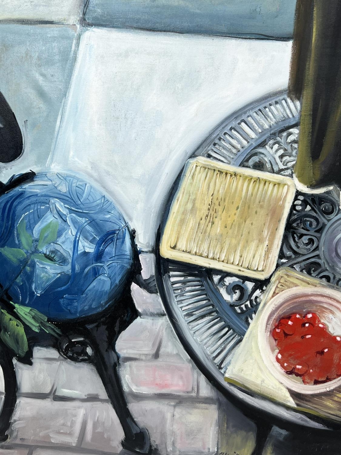 DAVE MERRILLS RCA (20th century British), 'Still life with bowl of cherries', oil on canvas, 115cm x - Image 2 of 3