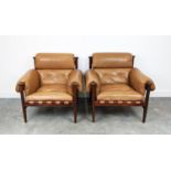 SOHO HOME OTIS ARMCHAIRS, a pair, walnut and tan leather, 88cm H x 95cm W x 83cm D. (2)