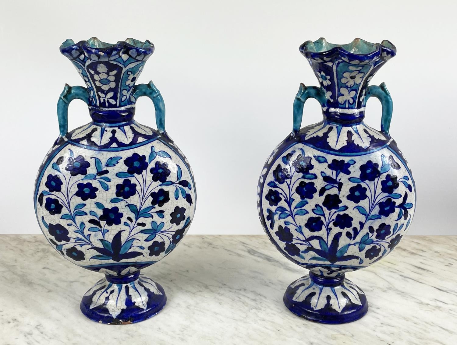 SIND POTTERY MOONFLASK VASES, a pair, 19th century decorated in blue and turquoise enamels with - Image 5 of 5