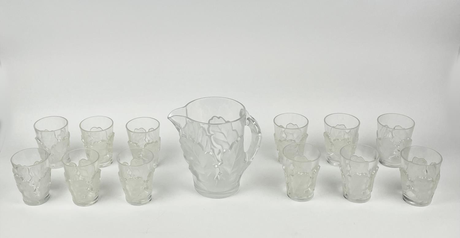 LALIQUE WATER PITCHER, frosted chene oak leaf design with twelve glasses. (13) - Image 14 of 14