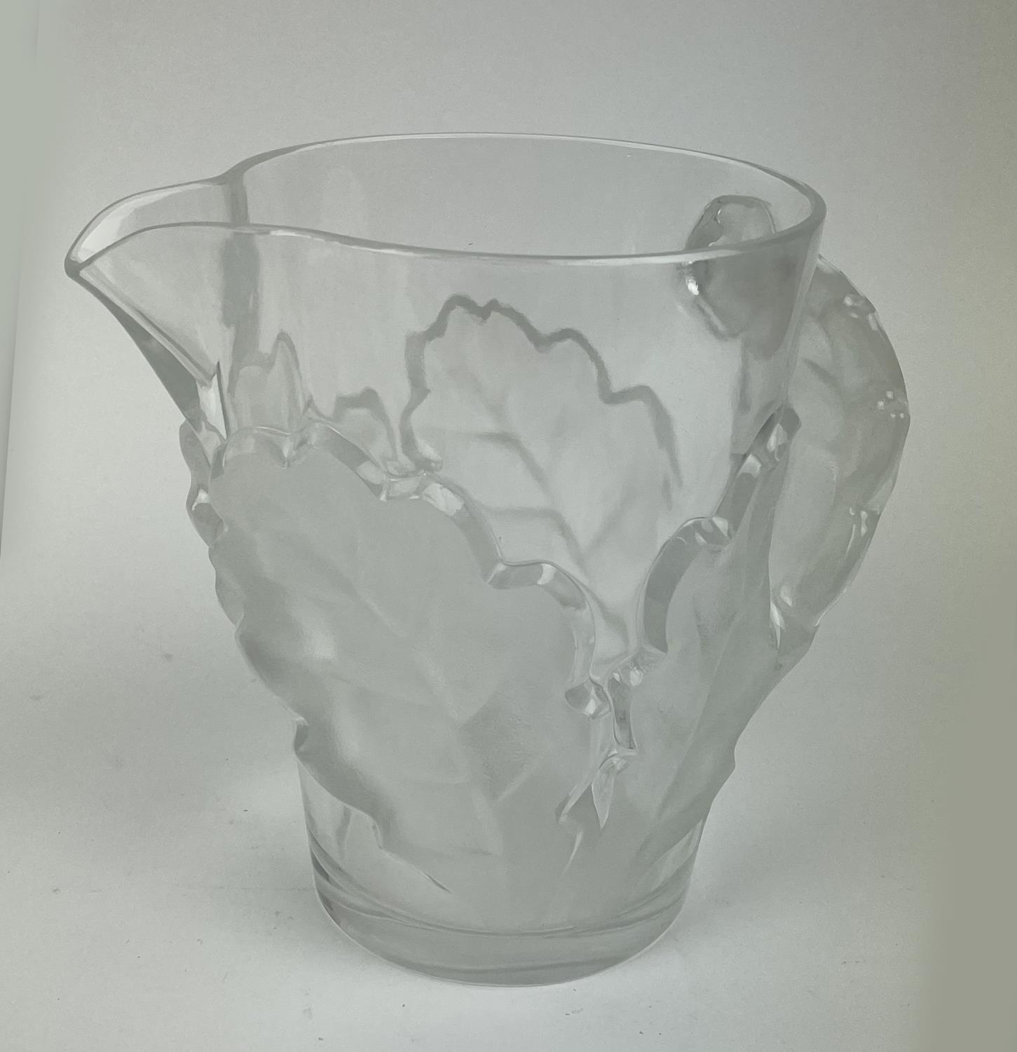 LALIQUE WATER PITCHER, frosted chene oak leaf design with twelve glasses. (13) - Image 2 of 14