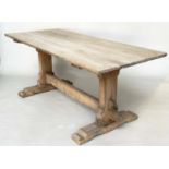 REFECTORY TABLE, vintage early 20th century pine with planked top, shaped trestles and stretcher,