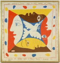 PABLO PICASSO, Rare World Festival of Youth and students for peace, Scarf on linen, 1951, 82cm x