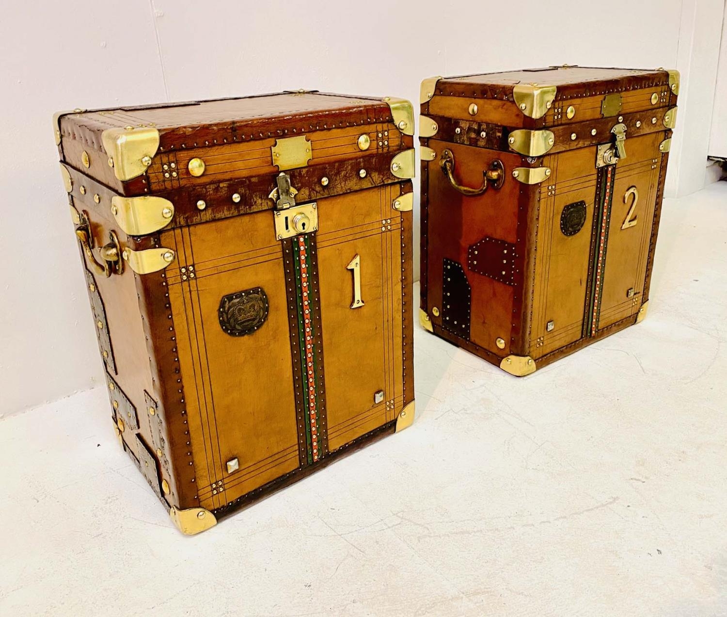 STEAMER TRUNKS, a pair, vintage style leather with gilt metal mounts and studded detail, 51cm H x