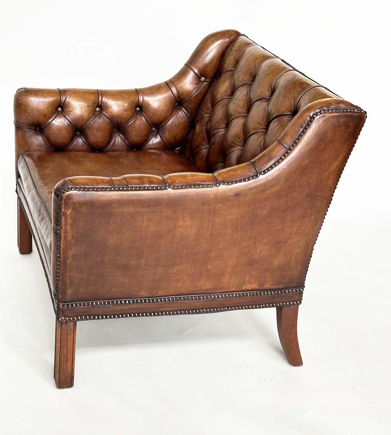 LIBRARY ARMCHAIR, 1970's style antique soft natural close nailed tan brown leather with button - Image 3 of 8