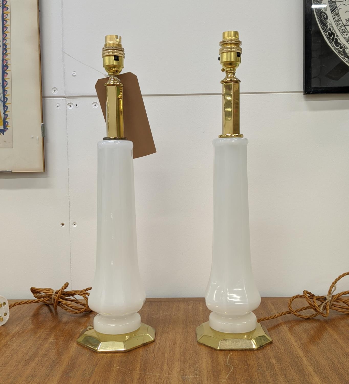 CENEDESE MURANO TABLE LAMPS, vintage, white opaline glass with brass mounts, 45cm H. (2)