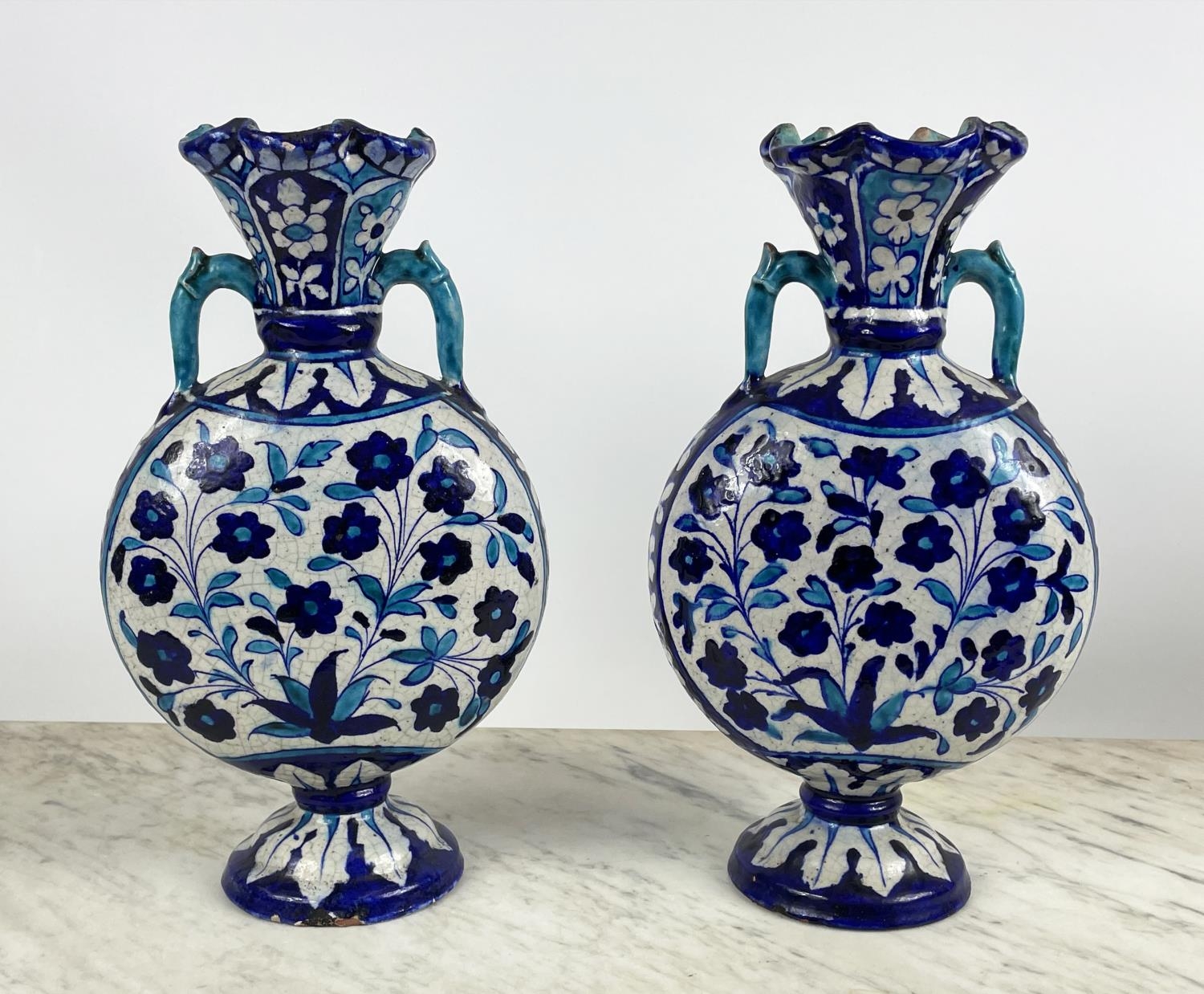 SIND POTTERY MOONFLASK VASES, a pair, 19th century decorated in blue and turquoise enamels with - Image 2 of 5