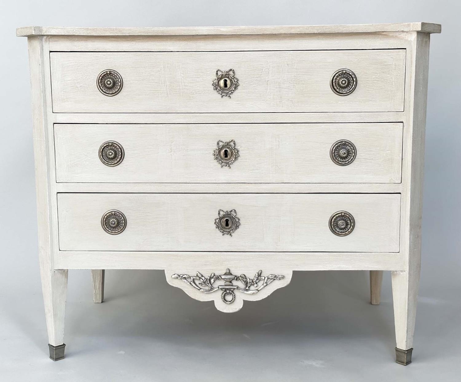 GUSTAVIAN COMMODE, 19th century grey painted and silvered metal mounted with three long drawers, - Image 10 of 10