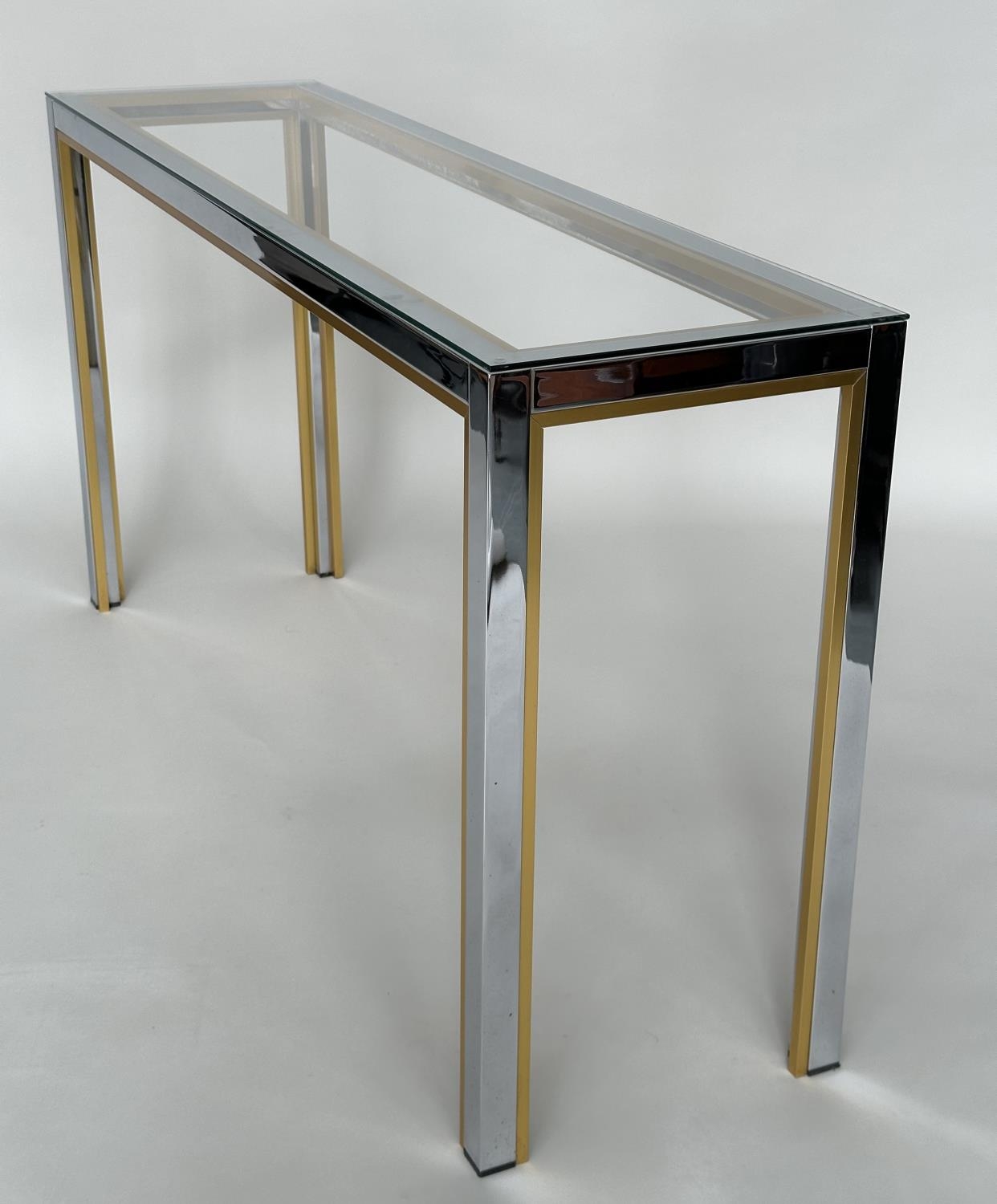 CONSOLE TABLE, 1970s Italian style brass and chrome framed rectangular plate glass, 135cm W x 72cm H - Image 6 of 8