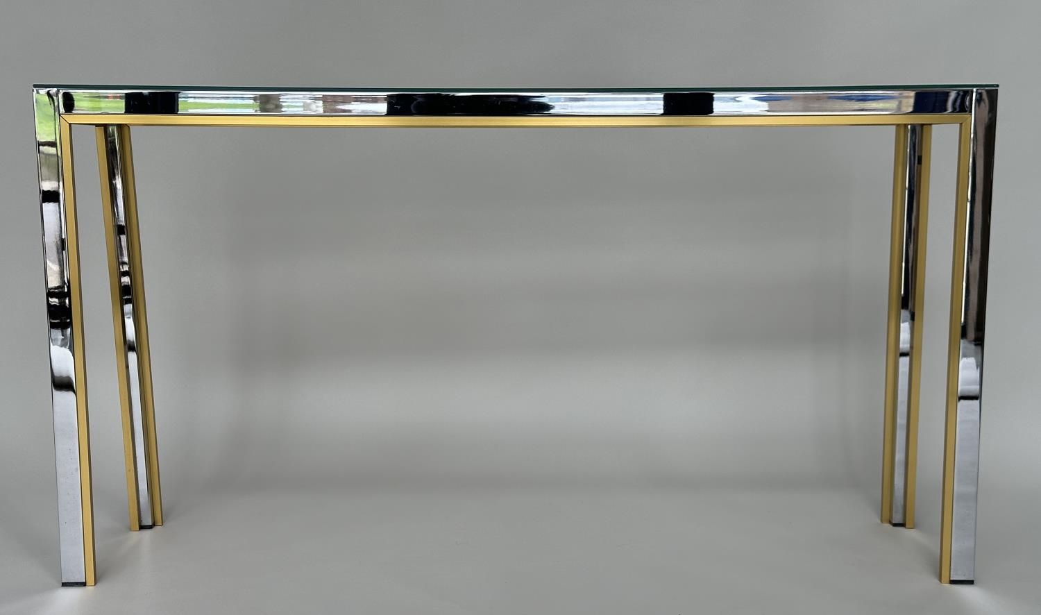 CONSOLE TABLE, 1970s Italian style brass and chrome framed rectangular plate glass, 135cm W x 72cm H - Image 8 of 8