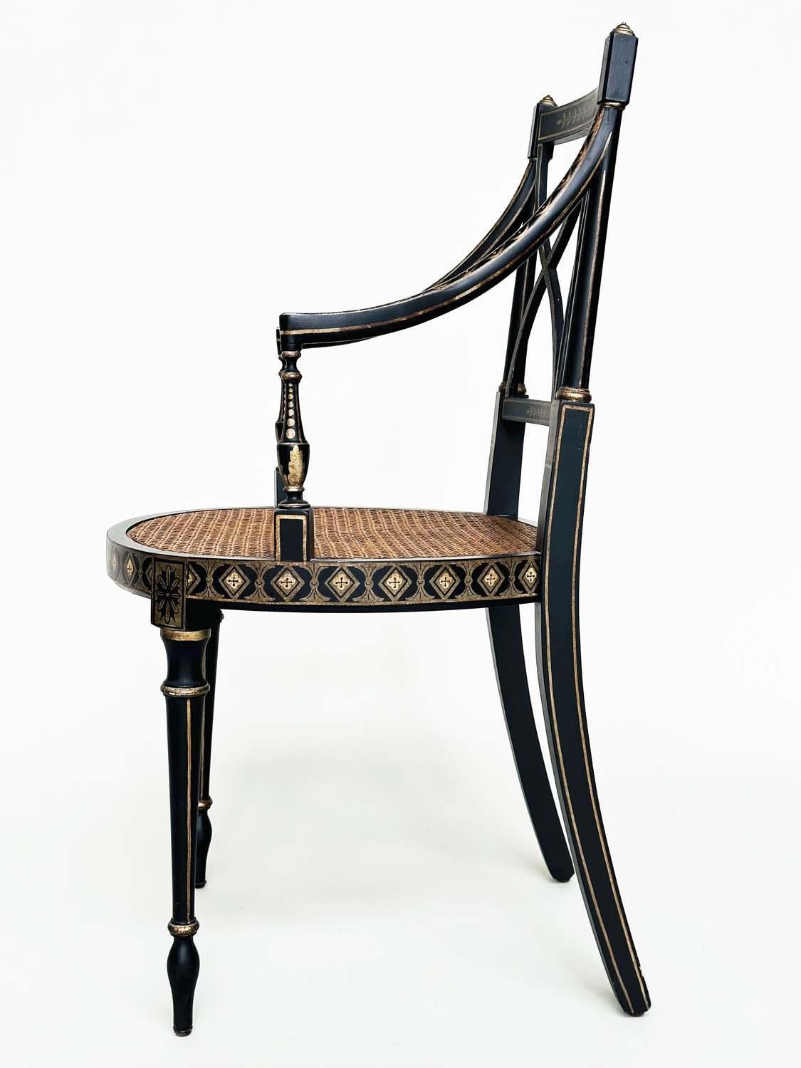 ARMCHAIRS, a pair, Regency style black lacquered and gilt painted with lattice backs and cane seats, - Image 15 of 15