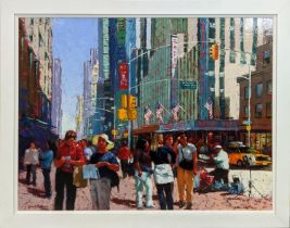 TONY ROME (20th Century Scottish), 'Sightseeing - New York', oil on panel, 74cm x 99cm, framed.