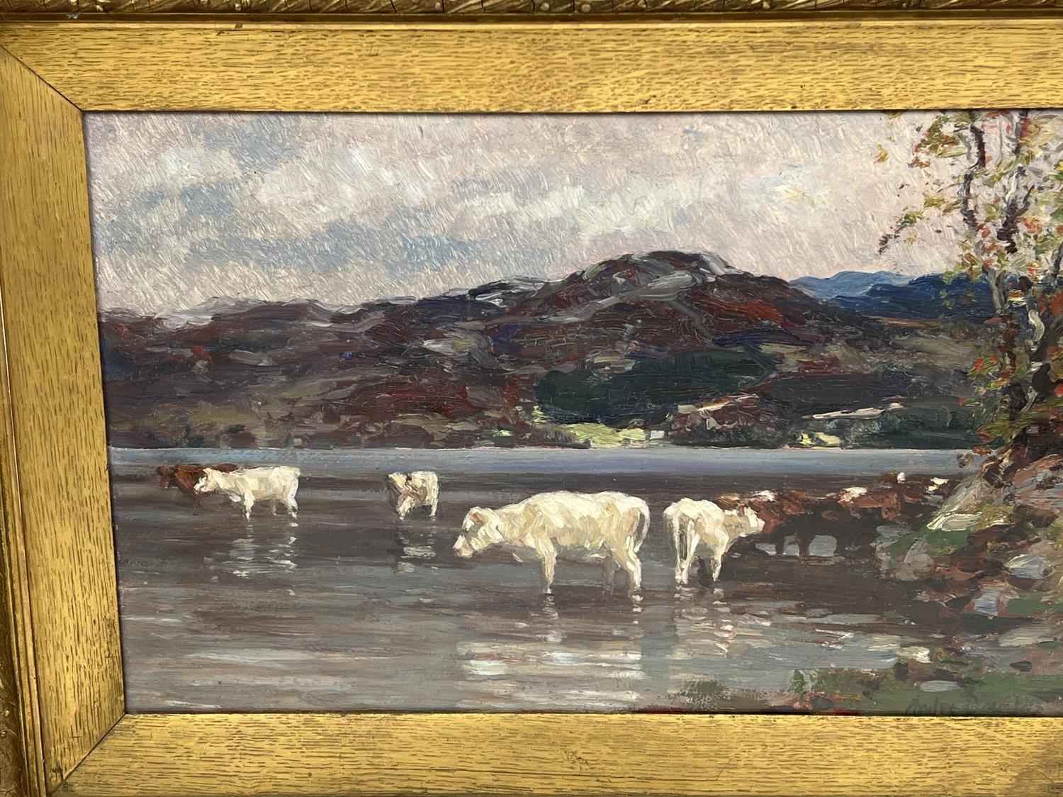 ANDREW DOUGLAS (British 1871-1935) 'Cattle Wandering at a Highland Loch', oil on canvas, 33cm x - Image 2 of 6