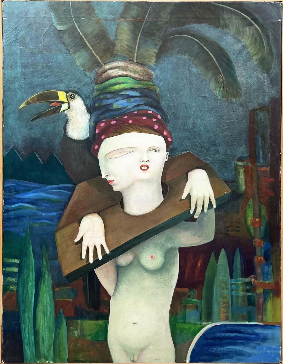LINDA DOWNIE (b. 1964) 'Surrealist Portrait', oil on canvas, 96cm x 74cm, studio frame.