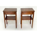LAMP TABLES, a pair, George III design mahogany and satinwood crossbanded each with drawer and